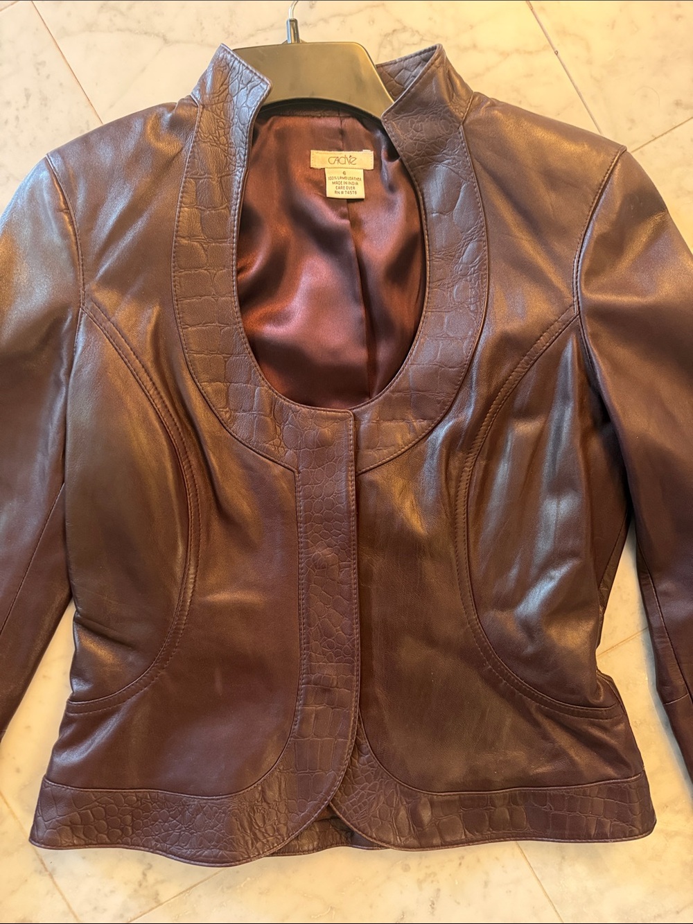 Cache Burgundy Lamb Leather Jacket with Croc-Trim Collar